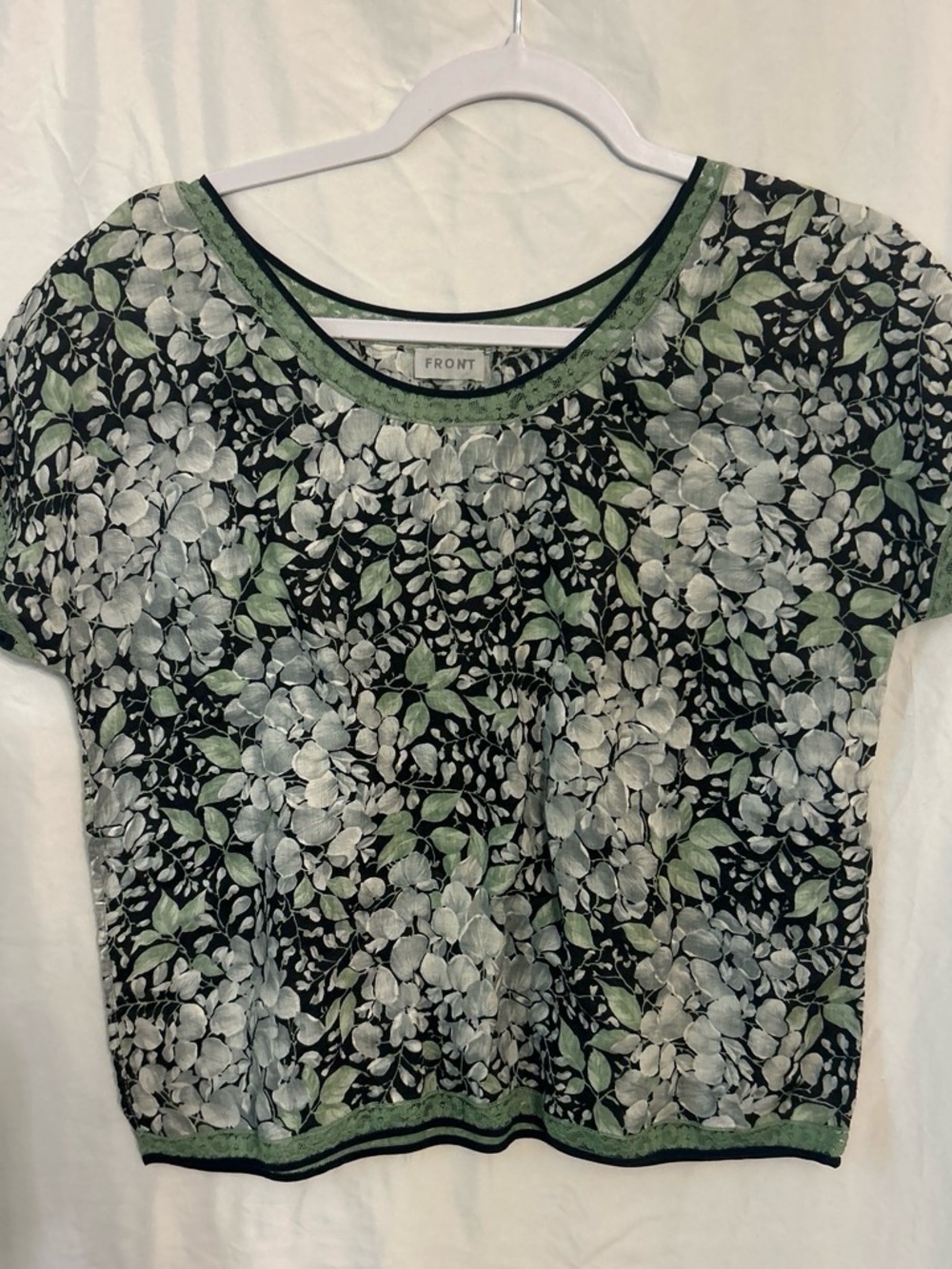 Frame Denim Black Floral Short Sleeve Top with Green Accents